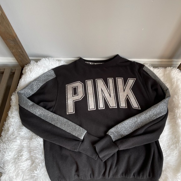 Pink Victoria Secret Glitter Crew Black Sweatshirt - Picture 3 of 9